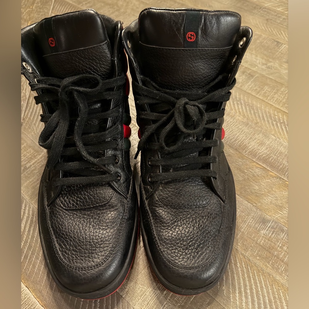 Gucci Black Leather High-Top Sneakers with Red & Green Accents